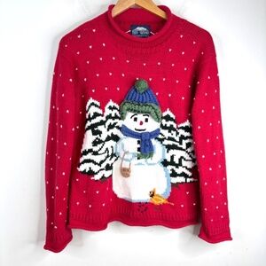 VTG 90s Rey Wear Hand Knit Christmas Sweater M 3D Knit Snowman Roll Neck Bolivia